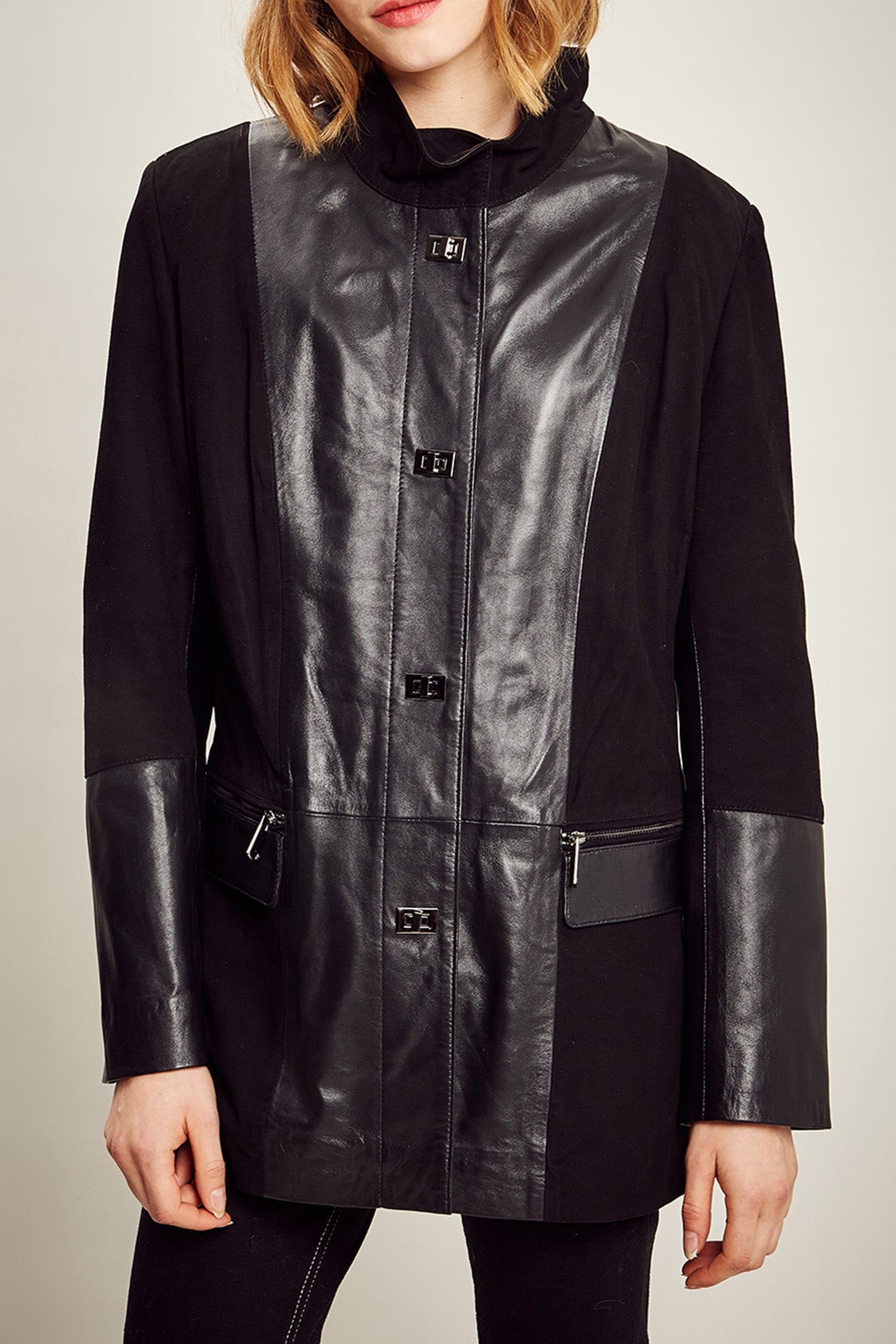 veste Emilda velours de la marque giorgio y mario en véritable cuir et daim pour femme de couleur camel noir bi-matières