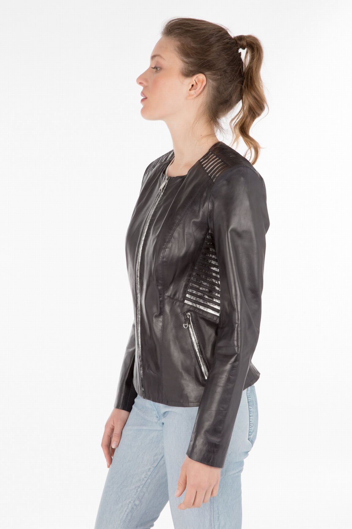 Blouson cuir Agora marine détails argent fermeture éclair